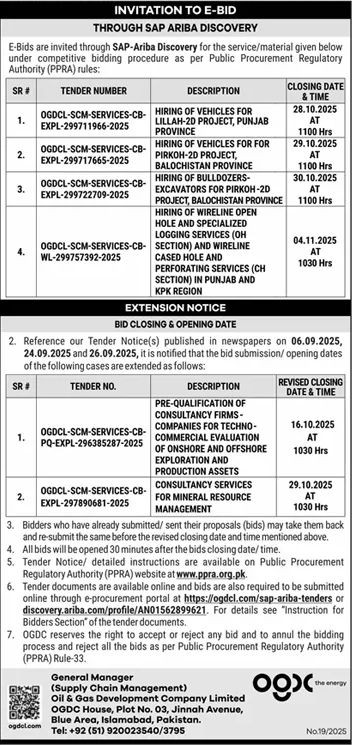 Oil & Gas Development Company Limited Islamabad Tender Notice